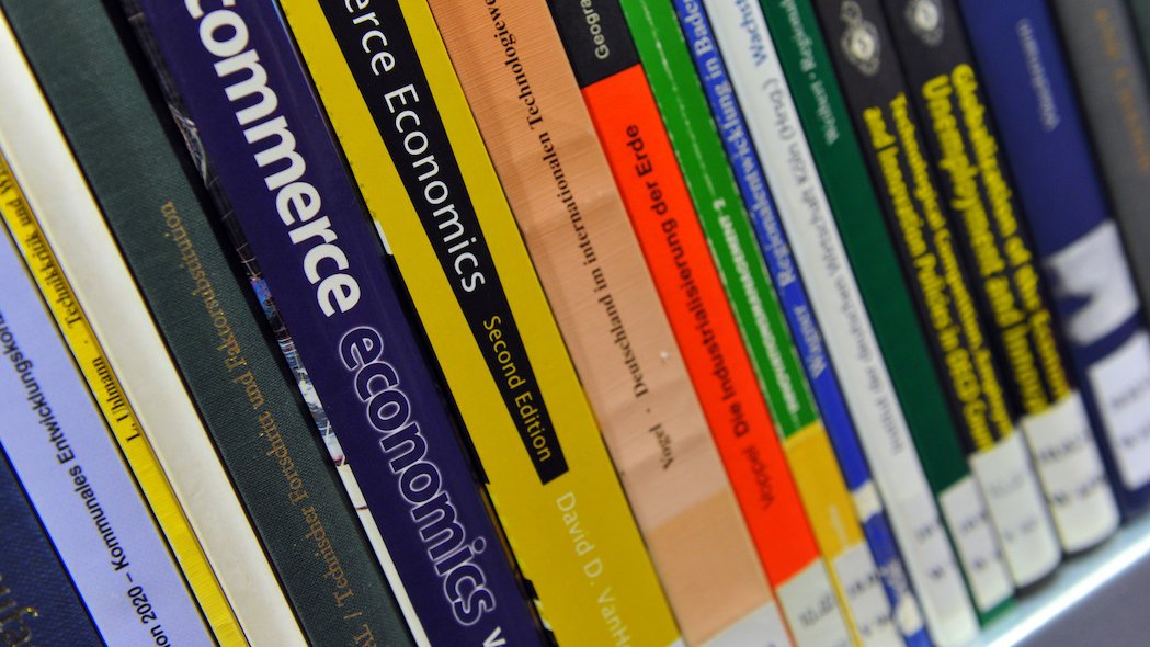 Nahaufnahme von verschiedenen nebeneinander stehenden Bücherrücken in einem Regalteil.