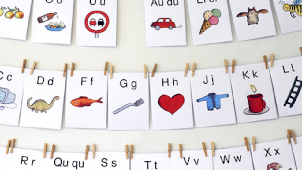 In drei Reihen übereinander sind Karten an Bändern mit kleinen Klammern befestigt. Auf den Karten ist jeweils ein Buchstabe das Alphabetes in Groß- und Kleinschreibung geschrieben.