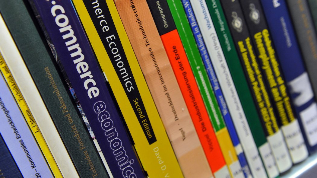 Nahaufnahme von verschiedenen nebeneinander stehenden Bücherrücken in einem Regalteil.