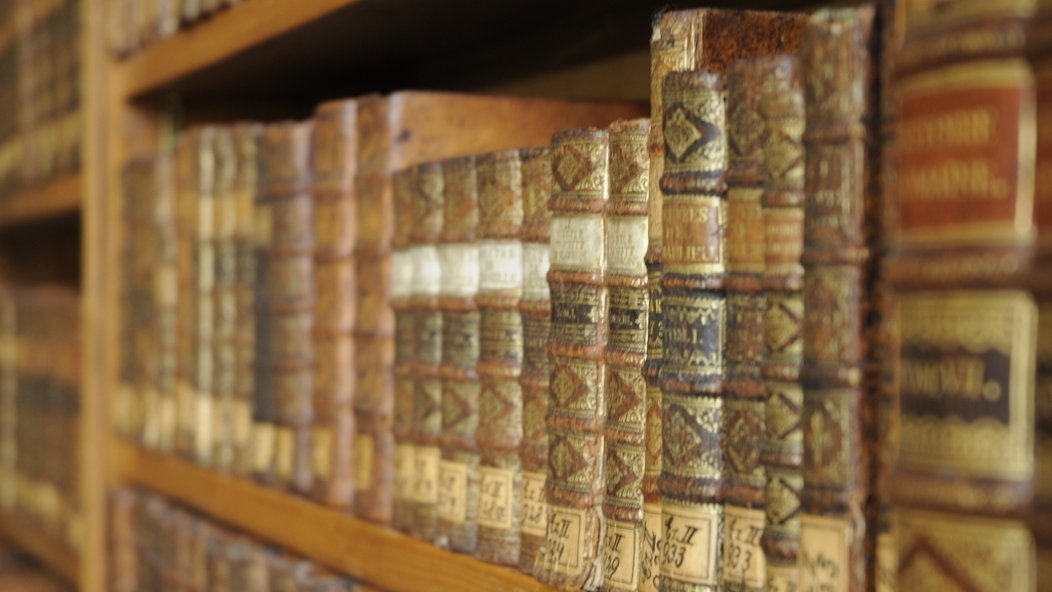 In einem Regalteil eines Holzregals stehen sehr alte Bücher in einer Reihe und mit dem Buchrücken zum Betrachtenden.