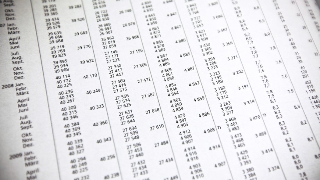 Ausschnitt einer Tabelle mit Zahlenreihen und Jahreszahlen mit Monatsangaben.