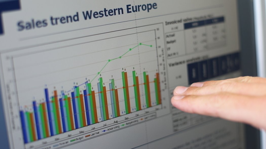Eine Hand deutet auf einem Computermonitor, dort werden Verkaufszahlen mit verschiedenen Grafiken und Balkendiagrammen dargestellt.
