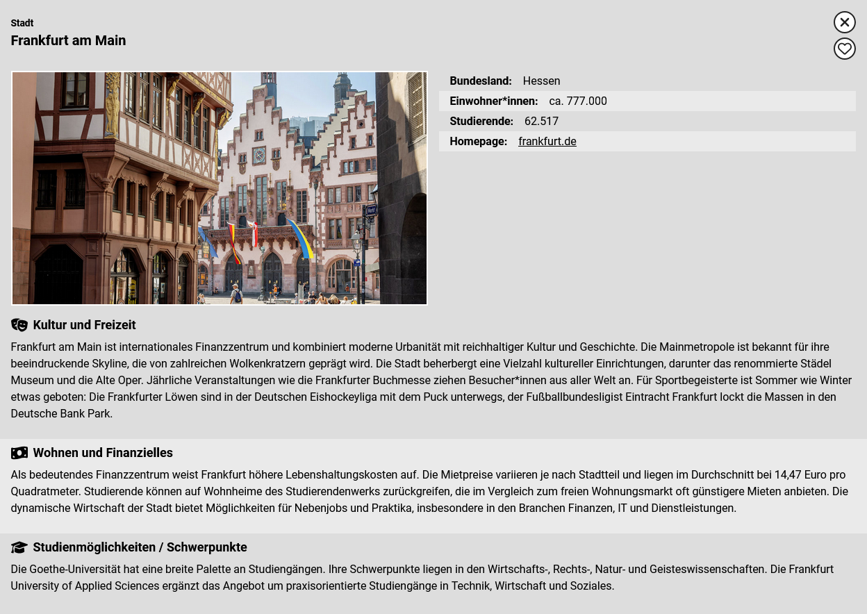 Screenshot aus dem Hochschulpanorama: Infos über Frankfurt.