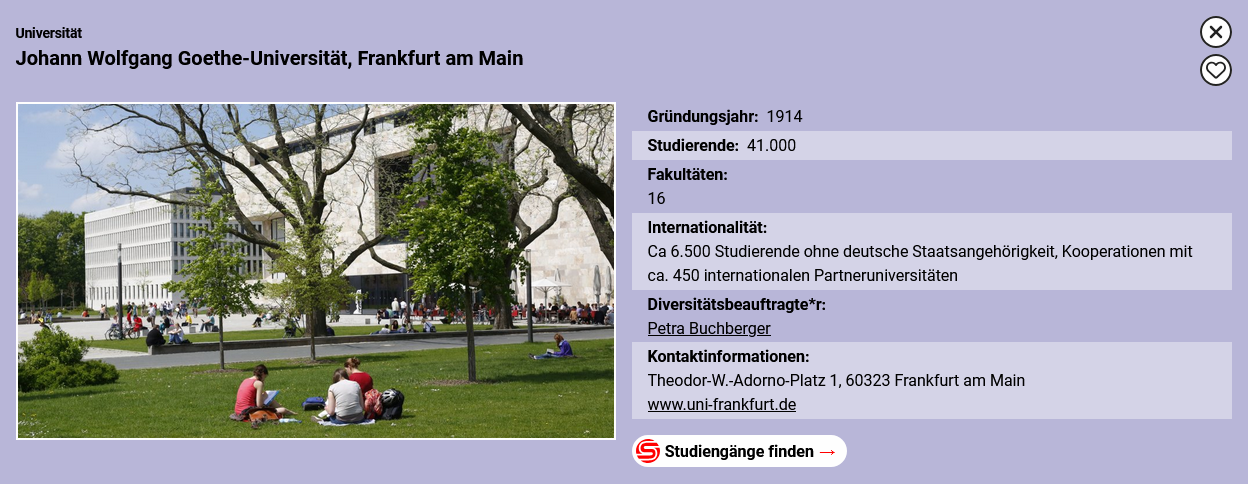 Screenshot aus dem Hochschulpanorama: Steckbrief der Goethe-Universität in Frankfurt am Main.