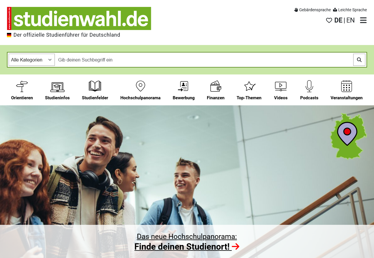 Screenshot der Start-Seite von studienwahl.de (oberer Seitenteil).