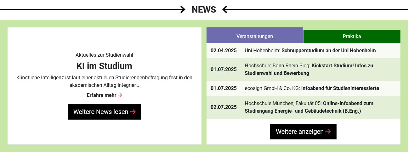 Screenshot der Start-Seite von studienwahl.de (Teil: News).